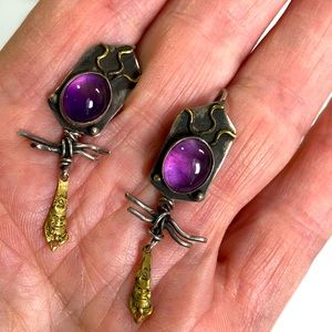 Amethyst and sterling earrings/ glass rhinestone stretch bracelet set